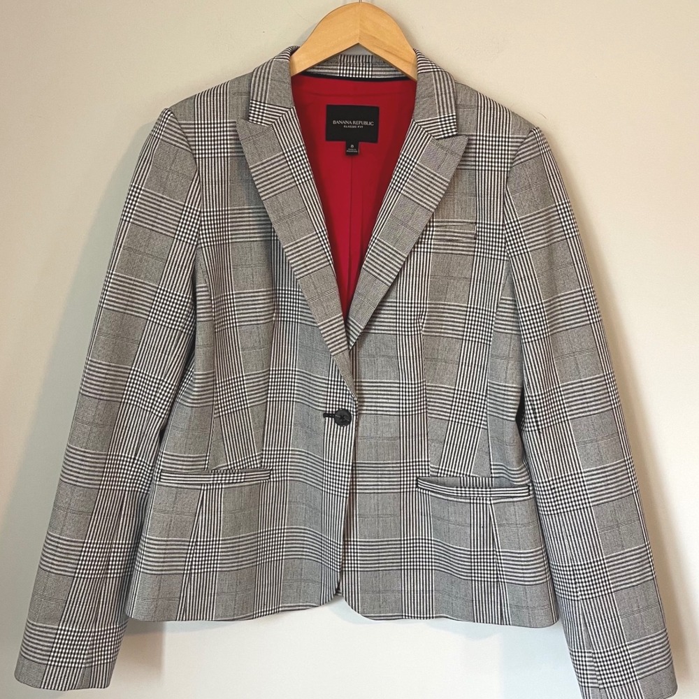 Banana Republic Classic Fit Plaid Blazer Gray White Red Size 8 Career